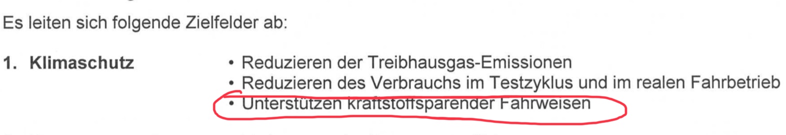 VW kann Umweltziel „Unterstützen kraftstoffsparender Fahrweisen“ nicht erklären